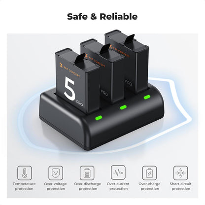 K&F Concept 3-Pack DJI Osmo Action 5 Pro / 4 / 3 Camera Battery & Triple-Slot Charger Kit with 2100mAh Capacity, LED Light Indicator, USB-C Charging Cable & Port