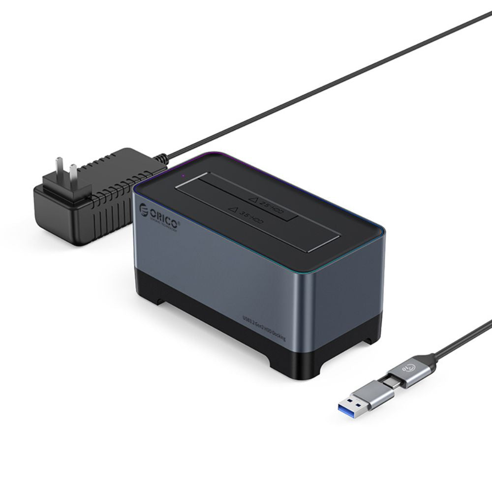 ORICO 2.5-3.5" SATA SSD/HDD to USB 3.2 Gen 2 Type-C RGB Hard Drive Docking Station with 10Gbps Transmission Rate, 18TB Supported Storage Per Bay, 2-in-1 Data Cable for Computer Desktops & Laptops (Windows, MacOS & Linux)