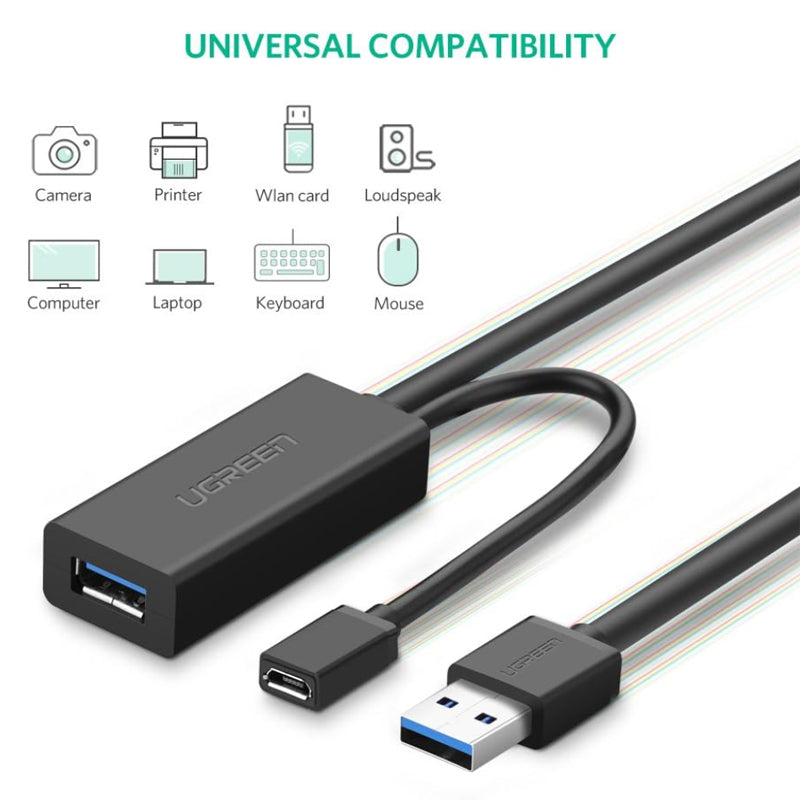 UGREEN 2-in-1 USB 3.0 A Male to Female + Micro USB Active Repeater 5 Meter Extension Cable with Built-in Signal Booster for PC, Desktop Computer, Laptop, Scanner, Printer, PS5/PS4/PS3, Speaker, etc.  | 20826