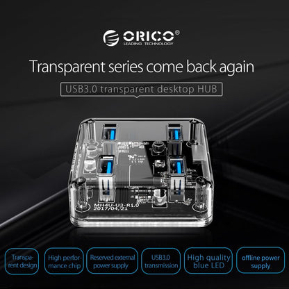 ORICO 4-Port USB 3.0 Transparent Hub with Power Supply, 5Gbps Speed, and Support for Windows, macOS, and Linux for PCs, Desktop Computers, and Laptops - USB Hubs and Docking Stations
