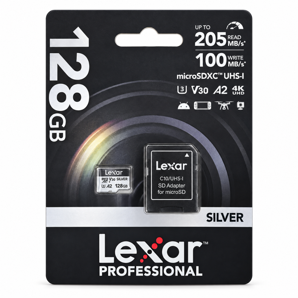Lexar 128GB Professional SILVER microSDXC V30 A2 U3 UHS-I Memory Card, 205MB/s Read and 100MB/s Write Speed