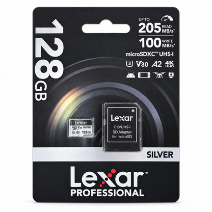 Lexar 128GB Professional SILVER microSDXC V30 A2 U3 UHS-I Memory Card, 205MB/s Read and 100MB/s Write Speed
