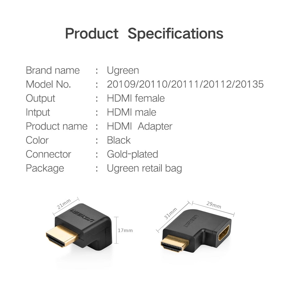 UGREEN HDMI Right Angle Male to Female Video Cable Adapter Dongle with Gold Plated Connectors for PC, Desktop Computer, Laptop, TV, Display Monitor, Projector, PS5/PS4, DVD Player (Upward, Downward Angle) | 20109 20110