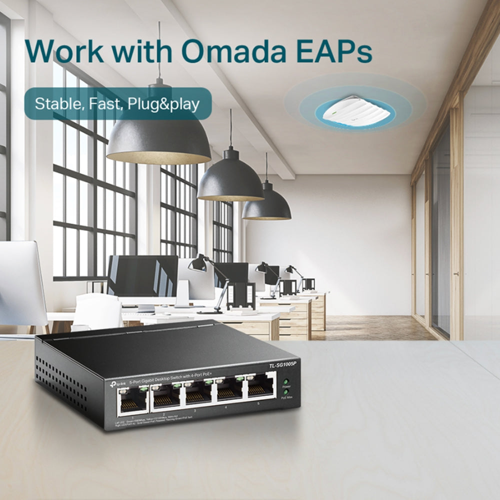 TP-Link 5 Port Gigabit Desktop PoE+ RJ45 High-Power Network Switch Hub Plug and Play with up to 250m Data and Power Transmissian via Extend Mode | TL-SG1005P