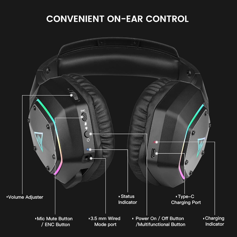 EKSA E1000 WT Wireless Gaming Headset RGB Backlight Over-Ear Headphones w/ ENC Noise Cancelling Microphone, Built-In Controls, USB-A Dongle, 3.5mm Audio Cable, USB-C Charging Cable, 7.1 Surround Sound for PC, Laptop Computer, PS5/PS4, Xbox