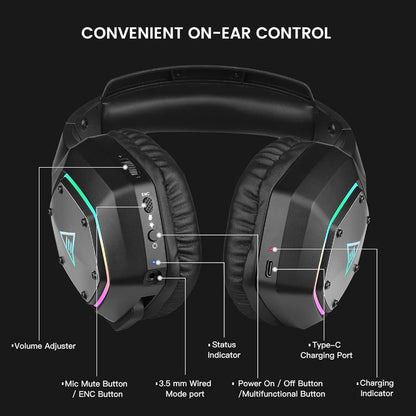 [CLEARANCE] EKSA E1000 WT Wireless Gaming Headset RGB Backlight Over-Ear Headphones w/ ENC Noise Cancelling Microphone, Built-In Controls, USB-A Dongle, 3.5mm Audio Cable, USB-C Charging Cable, 7.1 Surround Sound for PC, Laptop Computer, PS5/PS4, Xbox