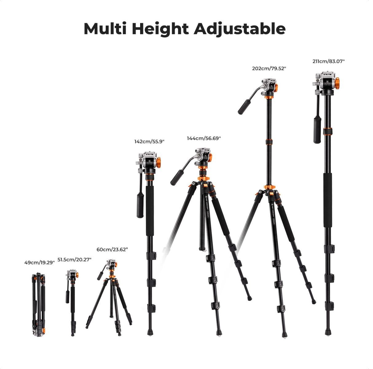 K&F Concept 4-Section Tripod Monopod and 360 Degree Panoramic Fluid Hydraulic Head with Arca Swiss QR Plate, 5Kg Max Load Capacity and 83" Max Operating Height for Videography and Photography | KF09-136