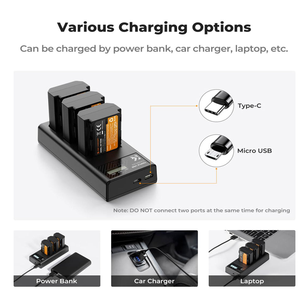 K&F Concept NP-FZ100 (3-Pack) 2280mAh Rechargeable Camera Battery and Triple Slot Charger Kit with USB Type-C / Micro B Input Fast Charging for Sony Alpha A7 III, A7R III (A7R3), A9, a6600, a7R IV, Alpha a9 II, Alpha 9R (A9R), Alpha 9S (A9S)