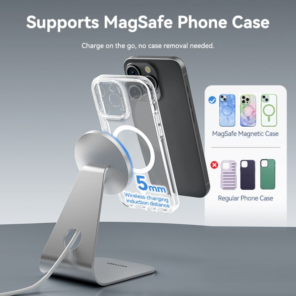Vention 15W Magnetic Wireless Charger Stand with MagSafe 1M for iPh - Silver
