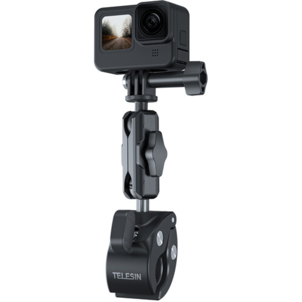 TELESIN Bike & Motorcycle Crab Claw Style Clamp Pipe Mount with Dual 360° Ball Head Swivel Joint, Anti Slip Rubber Grip and Adjustable Angle Lock for Action Cameras