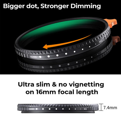 K&F Concept Nano-X Series Variable ND2-400 9-Stop Neutral Density Lens Filter with Multi-Coated Optical Glass and Aluminum Metal Frame for Mirrorless and DSLR Camera Photography - Available in all sizes