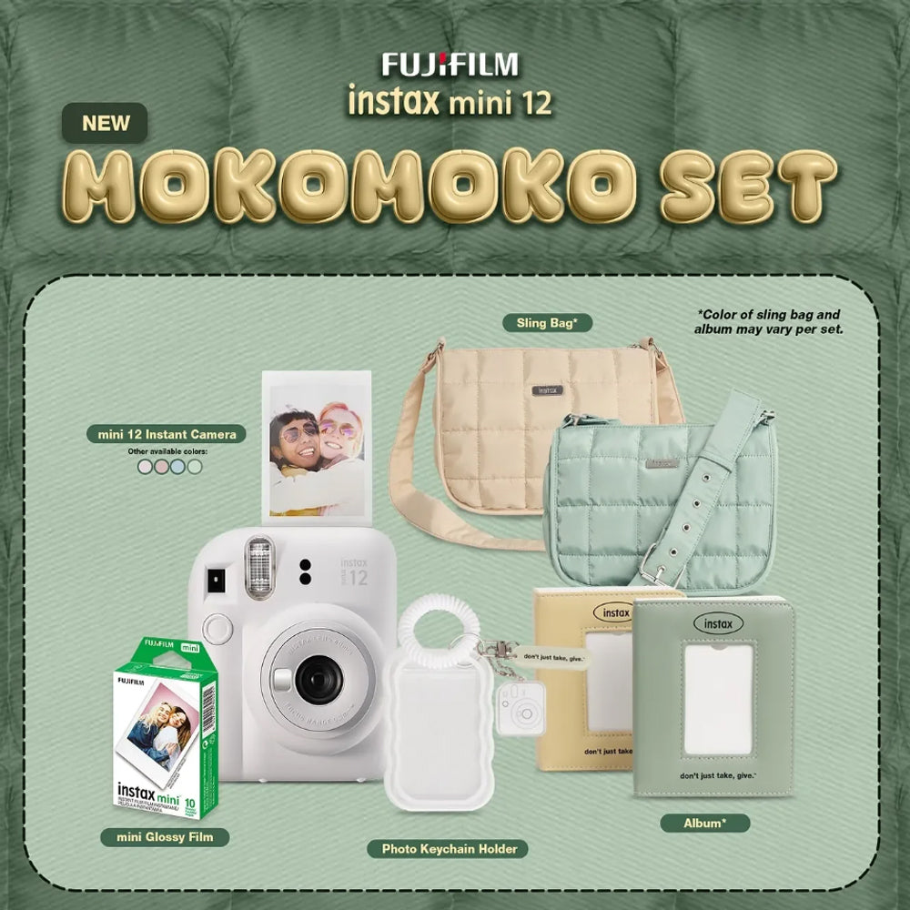 FUJIFILM Instax Mini 12 MOKOMOKO Instant Camera Bundle Pack with Mini Glossy Film 10s, Sling Bag, Photo Album and Photo Keychain Holder