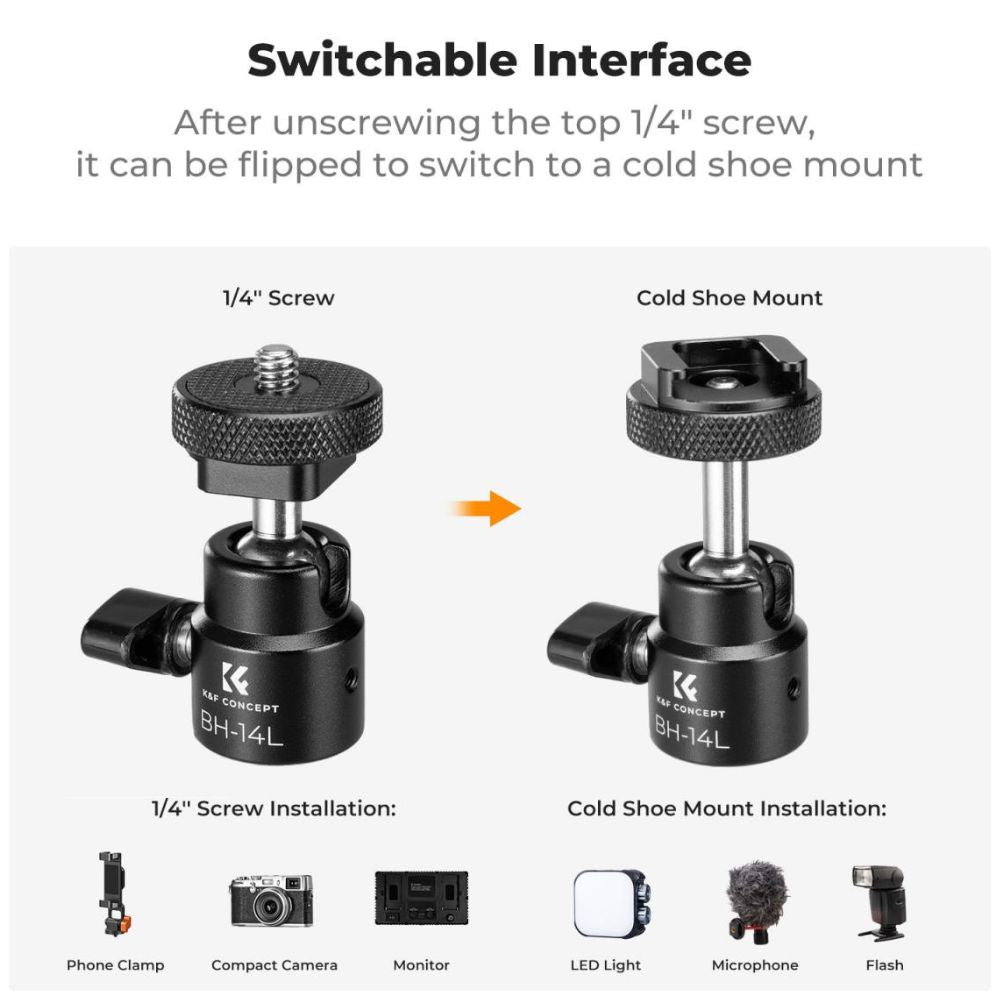 K&F Concept Universal Super C Clamp with 360° Dual Head Magic Arm, 18-60mm Clamping Surface, 1/4"-20 Expansion Ports, & 1.5kgs Load Capacity for Smartphone Clip, Fill Light, Compact, DSLR, SLR, Mirrorless, Panoramic, Action Cameras