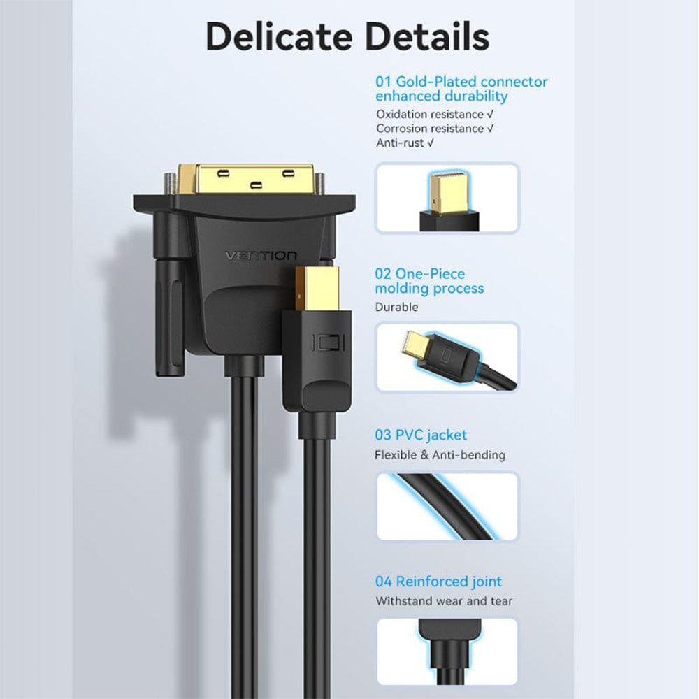 Vention 1 Meter Mini Display Port Male to DVI-D (24+1) Male Gold Plated HD Cable with 1080p 60Hz, Tinned Copper Conductor and 32AWG for Projectors, Laptops, TV's Computer Display Monitor | HFFBF