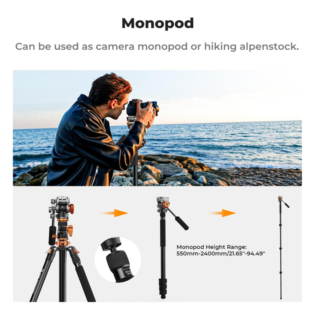 K&F Concept 4-Section 360 Degree Panoramic Fluid Head Video Tripod + Monopod with Max 95" Working Height, 5kg Max Load Capacity and Arca Swiss QR Plate for DSLR Mirrorless Camera | T254A7+FH-03