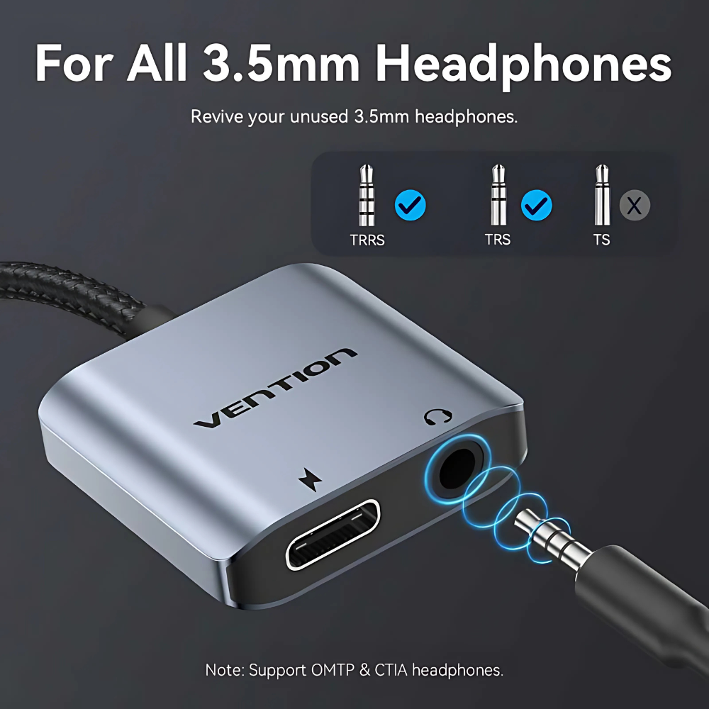 Vention USB-C Male to 3.5mm Female Hi-Fi Audio Adapter with 60W PD Fast Charging Port for iPhone 15/16, Samsung Galaxy S25/S24/S23/S22/S21, iPad Air/Pro/Mini, MacBook Air/Pro, Other Mobile Phones to Wired Earphones, Headphones & Speakers