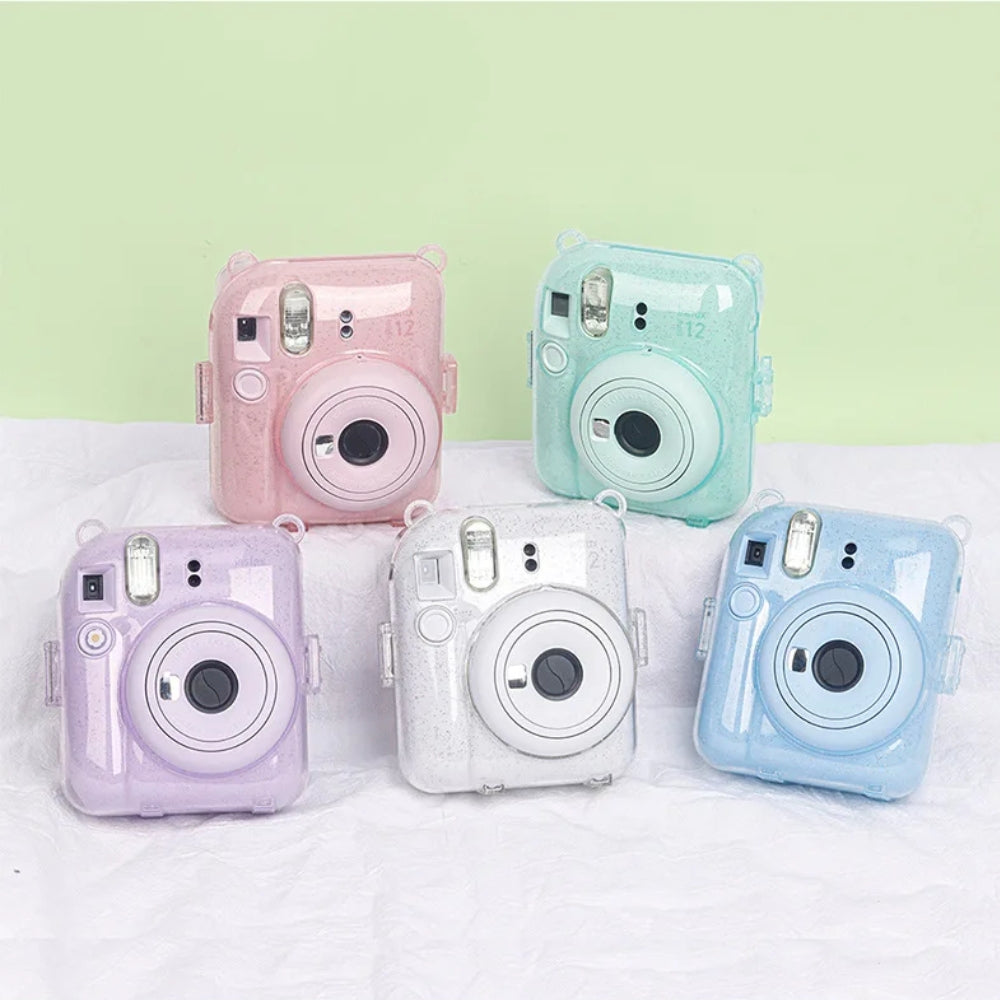 Pikxi 3-in-1 Transparent Glitter Instant Camera Case for FUJIFILM Instax Mini 12 Film Cameras with Cartoon Patch Sticker Set and Body Strap