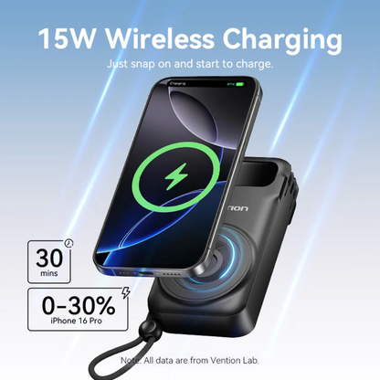 Vention 10000mAh Power Bank 15W Magnetic Wireless Charging Built-in USB-C and iPh Cable includes EU/US/UK AC Convertible Adapters with Airline-Approved for Travel