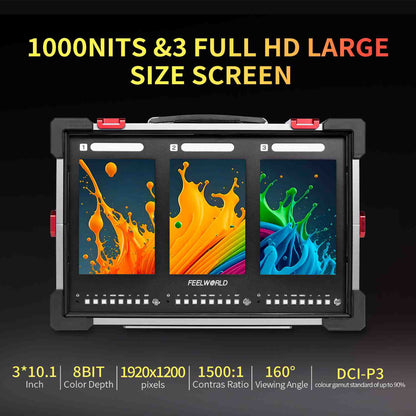 FEELWORLD PS101 Triple 10.1" IPS Vertical Screen Carry On LCD Video Monitor w/ HDR, 4K HDMI / 1080p 3G-SDI Input Output, 1000 Nits, Load Custom 3D LUTs, 3 Tally Sigl Lights, Full Programmable Buttons & V-Mount Battery Plate