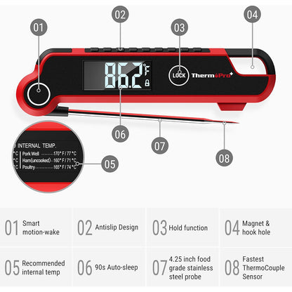 ThermoPro TP620 Instant Read Meat Thermometer Ultra-Fast Digital Probe with 2" Auto-Rotating LCD, Waterproof, Thermocouple Sensor & Motion Wake for Cooking, Grilling & BBQ