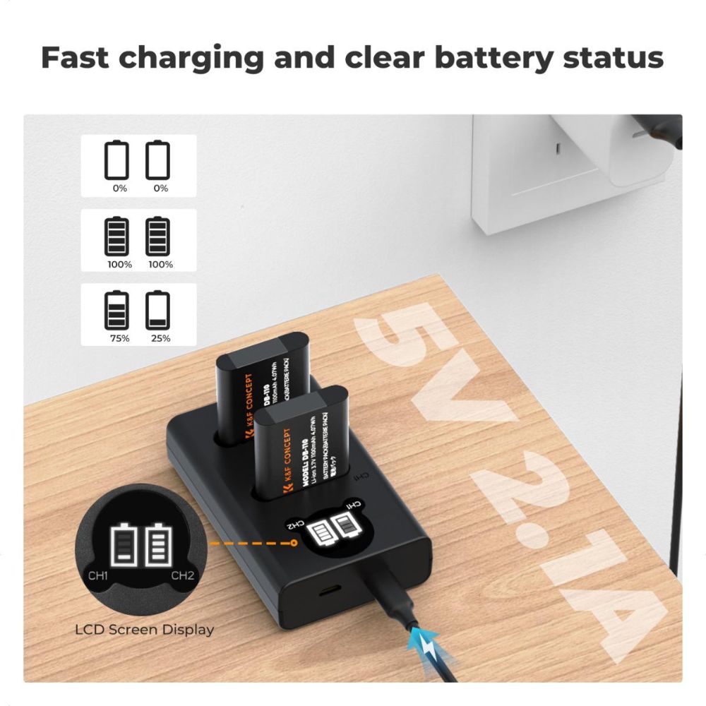 K&F Concept DB-110 2pcs (2-Pack) 1100mAh Battery + Dual Bay LCD Display Charger Set Kit with USB Type-C / Micro USB Port, Overall Charging Protection for Ricoh / Olympus Cameras