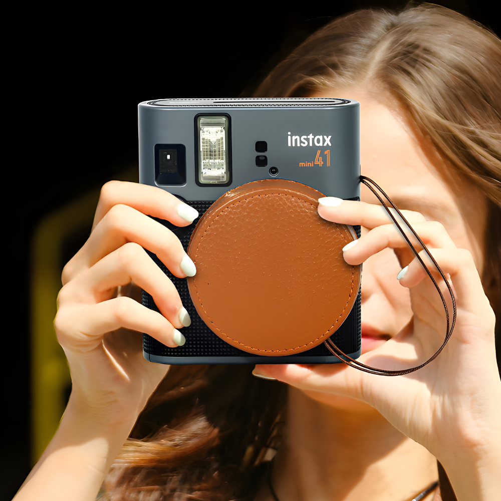 Pikxi Instax Mini 41 Instant Camera Leather Protective Cover Lens Cap w/ Anchor Loops - Black, Brown