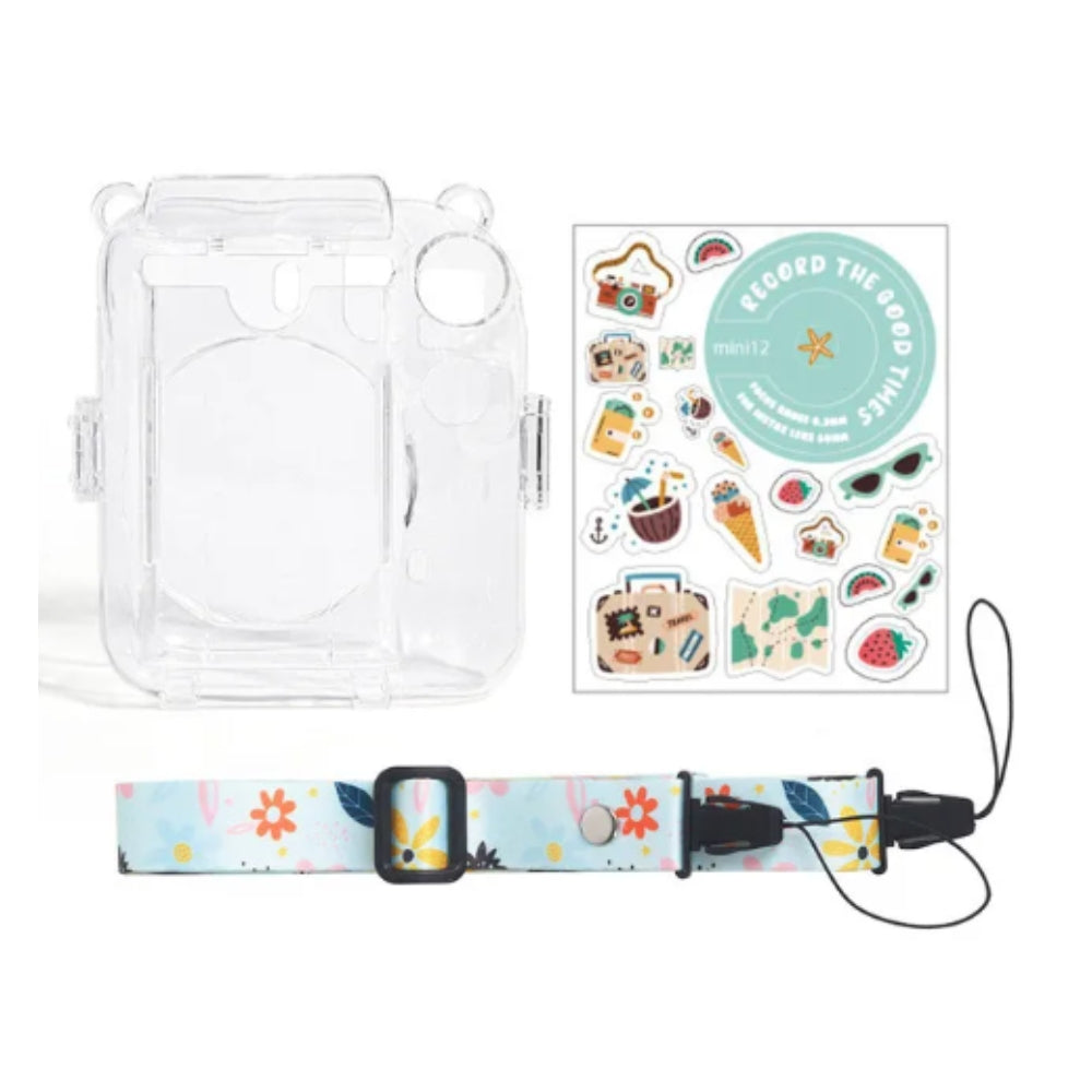 Pikxi 3-in-1 Clear Instant Camera Case for FUJIFILM Instax Mini 12 Film Cameras with Cartoon Patch Sticker Set and Body Strap - Available in Blossom Pink, Pastel Blue, Clay White, Lilac Purple, and Mint Green Color