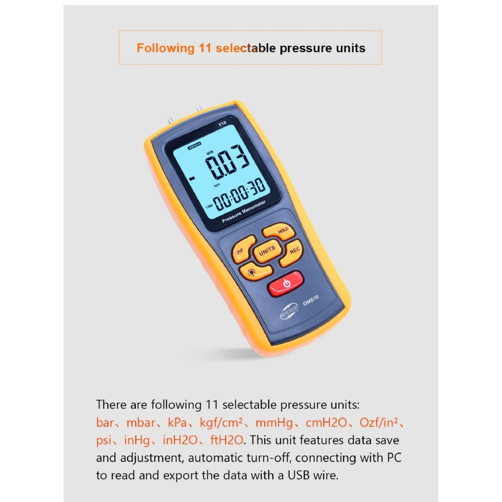 [CLEARANCE] Benetech GM510 Portable Digital LCD display Pressure manometer 50KPa Pressure differential manometer Pressure Gauge   JG Superstore