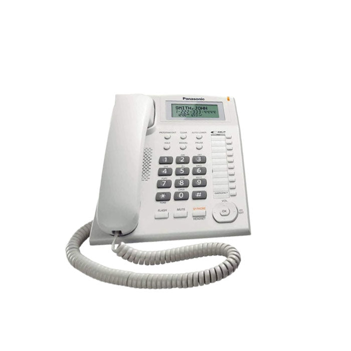 Panasonic Integrated Corded Telephone with One-Touch Dialer Stations, Navigation Keys, Redial Memory and Hands Free Speakerphone Function (Black, White) | KX-TS880