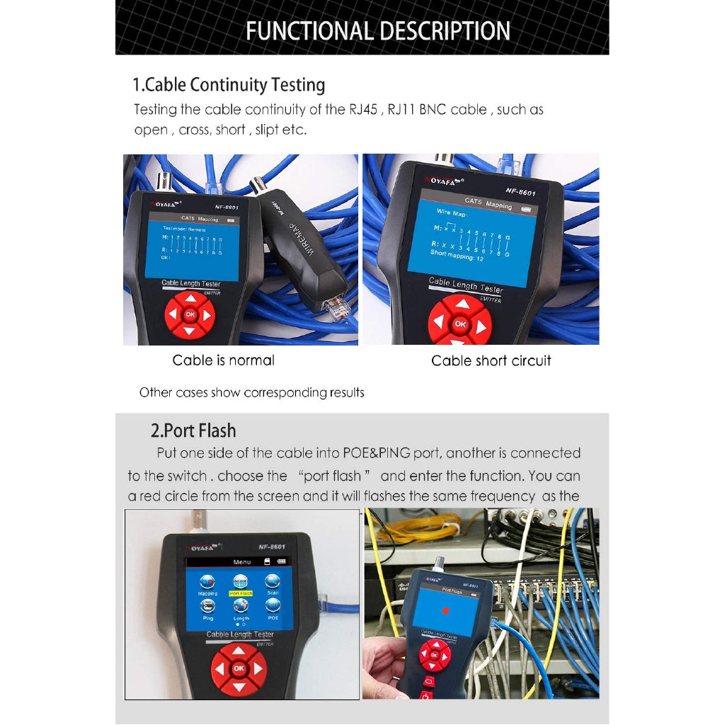 [CLEARANCE] Noyafa NF-8601W LAN Network Length Cable Tester LCD Phone Telephone Wire Tracker for PING / POE BNC RJ45 RJ11 Line Testing