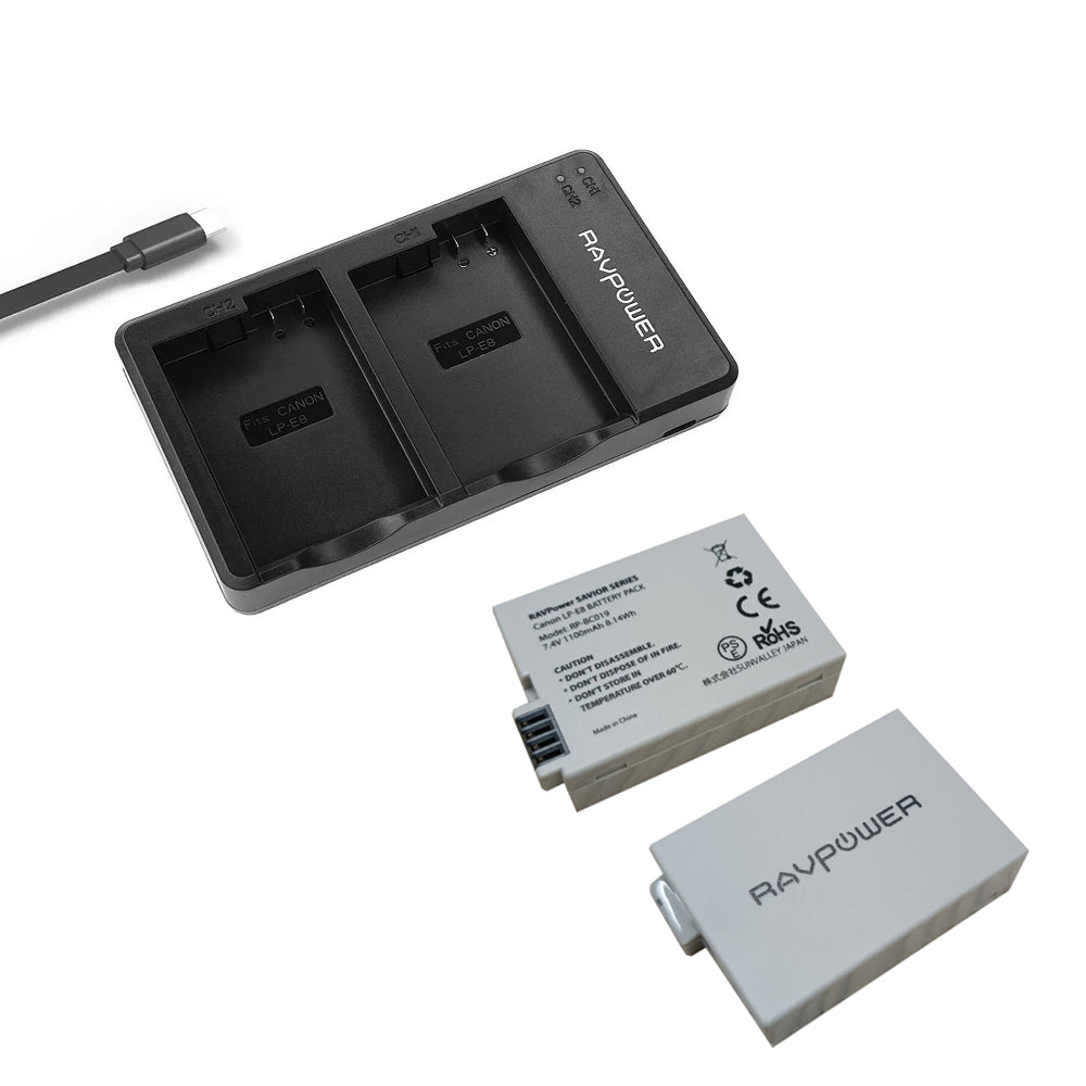 RAVPower LP-E8 Battery Charger and 2-Pack Rechargeable Li-ion Batteries for Canon EOS Rebel T2i, T3i, T4i, T5i, EOS 550D, EOS 600D, EOS 650D, EOS 700D DSLR E8 | JG Superstore