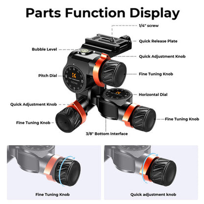 K&F Concept 3 Way Geared Tripod Head Accessories with Arca-Swiss Quick Release Plate, High-Precision Micrometric Knobs, Aluminum Alloy, 6 kgs Max Load Capacity, 1/4"-20 Screw for Professiol Photography, Video Recording & Content Creation