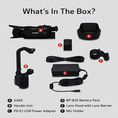 Canon XA60 Professiol Compact 4K UHD Camcorder with 20x Optical Zoom Lens Video Camera - 1/2.3" CMOS Sensor, DIGIC DV6, XLR Audio Termils, 5-Axis Stabilization, Hybrid Auto Focus, and UVC for Live Streaming, Recording, Broadcast