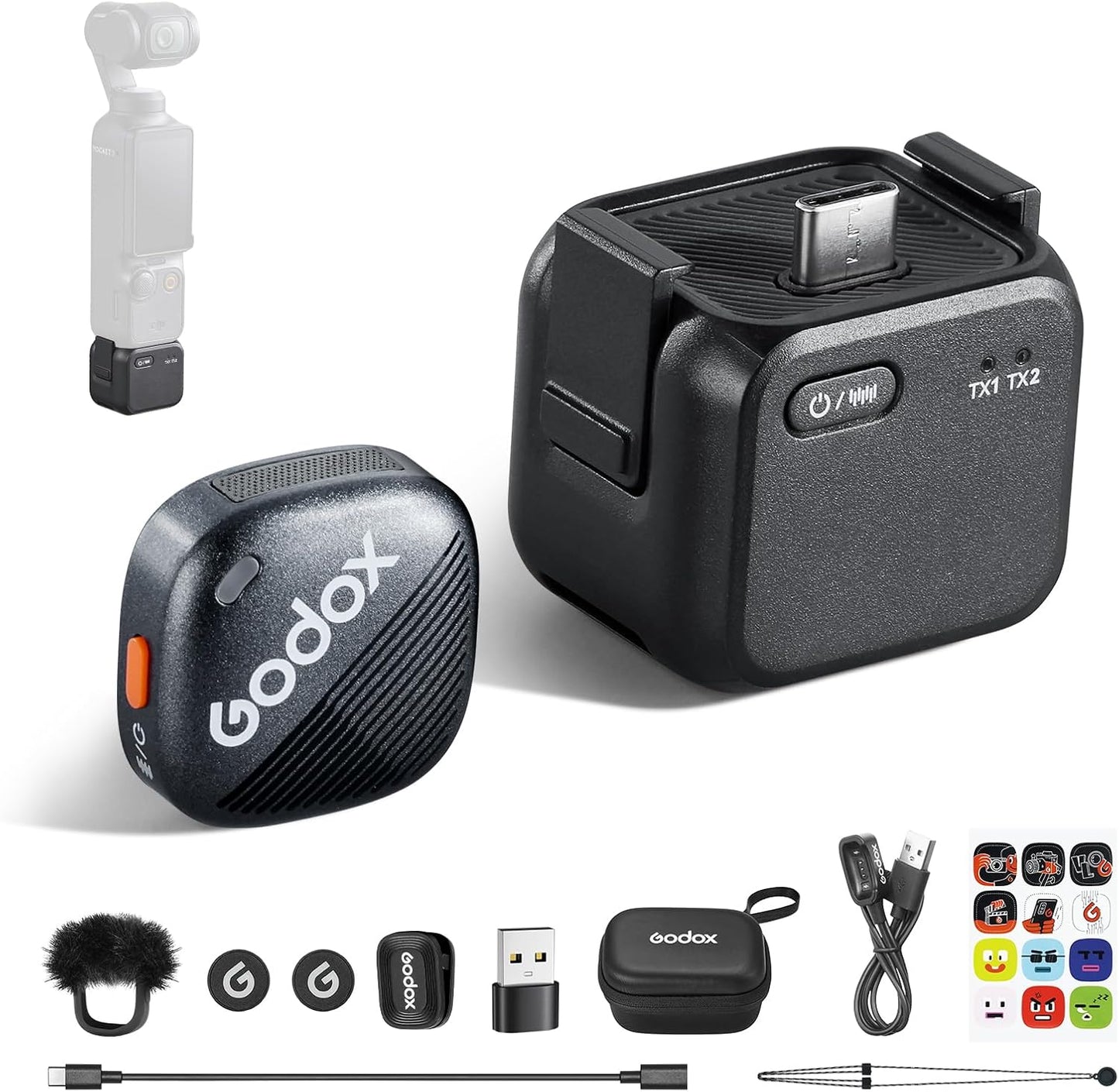 Godox CUBE-OP3 2.4GHz (TX + RX) Wireless Microphone System for DJI OSMO Pocket 3 Cinema Action Camera w/ Auto Level Controls, Dual Mode Noise Reduction, 200m Max Range, 10 Hours Battery Life, Fast Charging USB C Port for Content Creators Vlog Vlogging