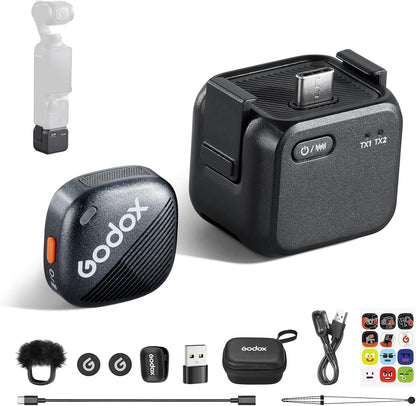 Godox CUBE-OP3 2.4GHz (TX + RX) Wireless Microphone System for DJI OSMO Pocket 3 Cinema Action Camera w/ Auto Level Controls, Dual Mode Noise Reduction, 200m Max Range, 10 Hours Battery Life, Fast Charging USB C Port for Content Creators Vlog Vlogging
