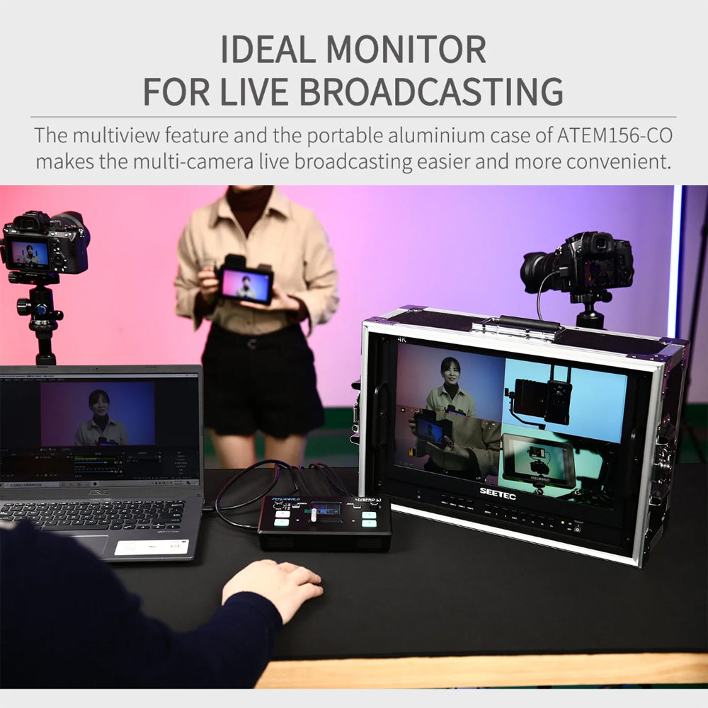 FEELWORLD SEETEC ATEM156 15.6" IPS 4K HDMI Carry-On Multicamera Director Live Streaming Broadcast Monitor with Portable Flight Case & V-Mount Battery Plate