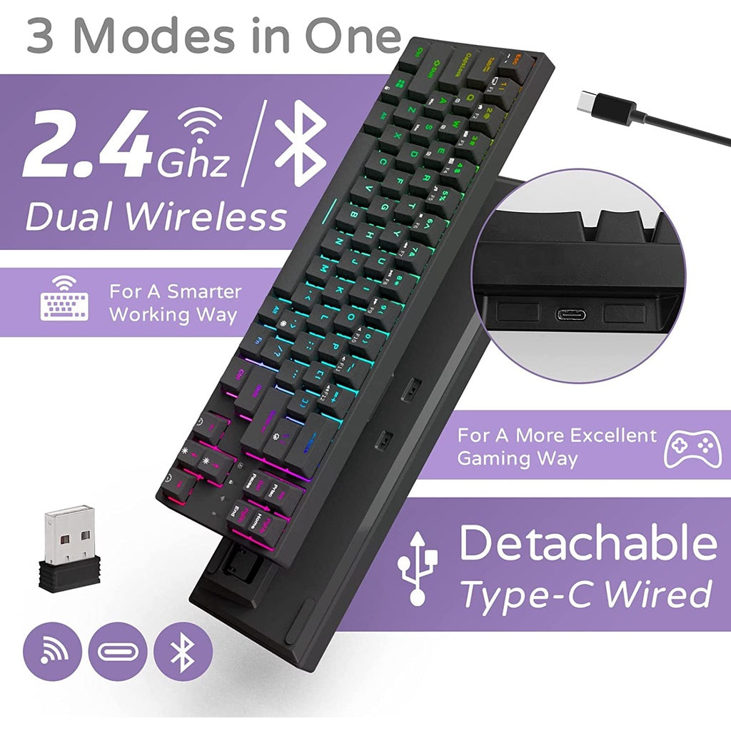 [CLEARANCE] Royal Kludge RK RK68 Plus RK871 RGB 68 Keys TKL Tri-Mode Bluetooth 5.1, Wired and 2.4Ghz Wireless Mechanical Gaming Keyboard with Hot Swappable Switches (Black, White) (Available in Blue, Red, Brown Switches)