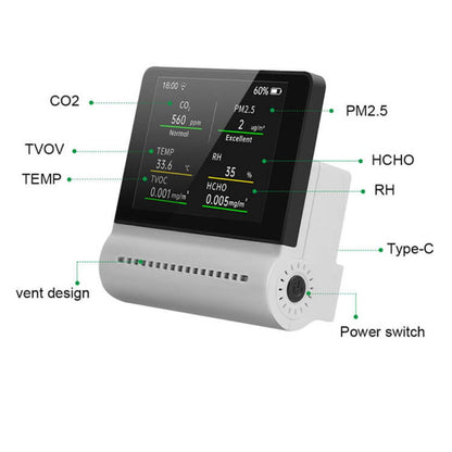 NOYAFA JMS16 Indoor Air Quality & Pollution Alert Digital Monitor with Touch Screen Display & Rechargeable Battery for Home, Hotel, Office, School & Car Interior