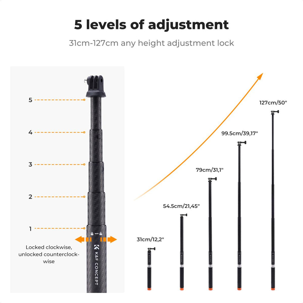 K&F Concept MS22 127cm / 50 inch Adjustable Extension Carbon Pole Invisible Selfie Stick Monopod with Wrist Strap for Insta360, GoPro, DJI Osmo Action Camera & Mobile Phone Holder