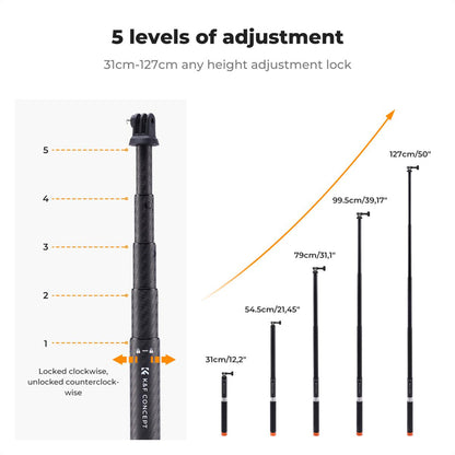 K&F Concept MS22 127cm / 50 inch Adjustable Extension Carbon Pole Invisible Selfie Stick Monopod with Wrist Strap for Insta360, GoPro, DJI Osmo Action Camera & Mobile Phone Holder
