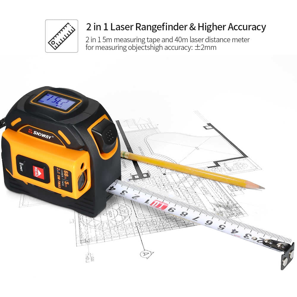 SNDWAY 2-in-1 60 Meters Laser Distance Meter Rangefinder with Self-Locking Measuring Tape Measure | SW-TM60