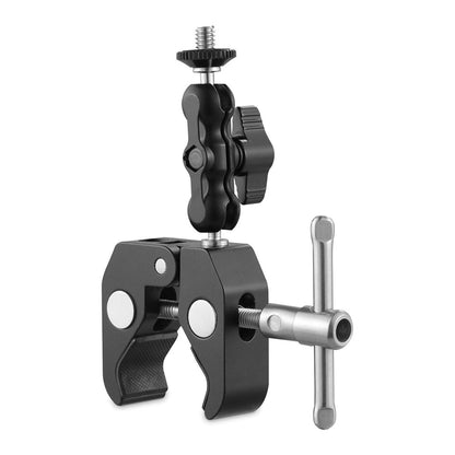 Pxel Aluminum Alloy Crab Claw C-Clamp and Magic Arm Kit Set with 360° Ball Head 1/4"-20 Threaded Cold Shoe, Rubber Pads, 1kg / 2.2lb Max Load Capacity and Max 2.2" Clamp Opening for Camera Accessories