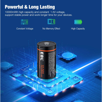EBL TB-1448 1.5V D Cell 10000mWh High-Performance Rechargeable Li-Ion Lithium Ion Battery with Built-In Micro USB Port for Portable and EUPDATEncy Electronics