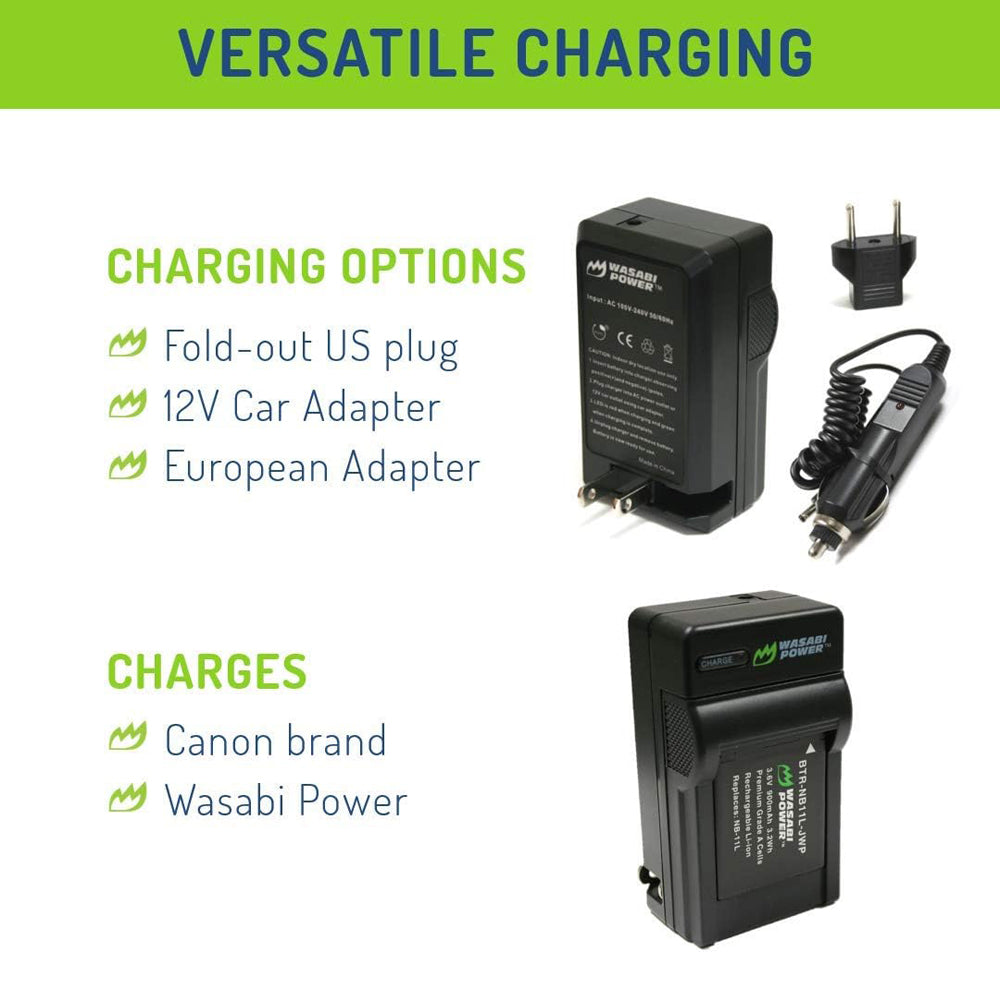 Wasabi Power (2-Pack) Canon NB-11L NB-11LH NB11L NB11LH Battery and Charger with Fold Out US Plug, Car Charger and Euro Plug Adapter for Select Canon PowerShot Camera SX400 IS SX410 IS SX420 IS ELPH 350 HS ELPH 360 HS A3500 IS A4000 IS