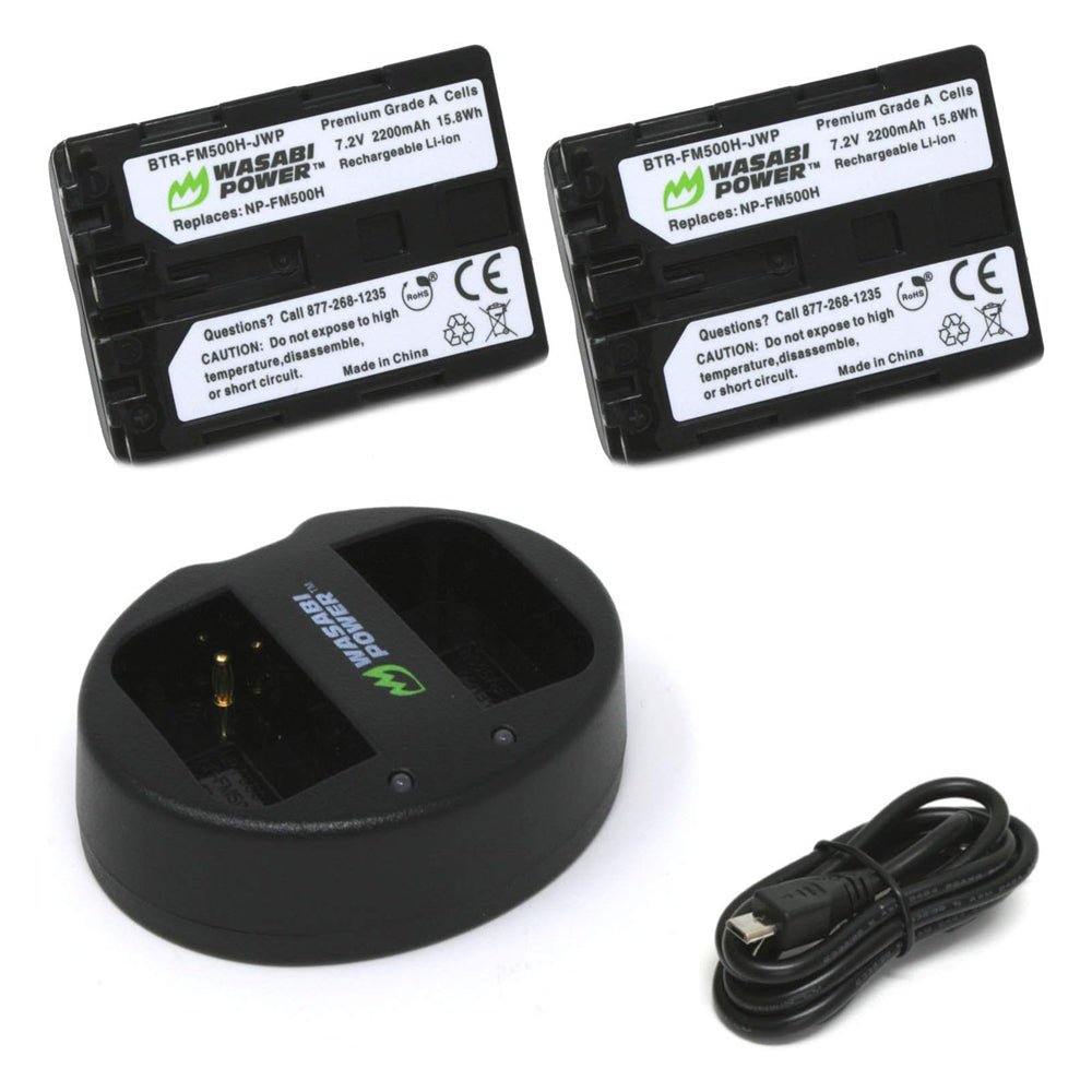Wasabi Power NP-FM500MH (2 Pack) 7.2V 2200mAh Battery and Dual USB Charger Kit with Power Indicators for Sony Alpha a57 a58 a77 a99, DSLR-A100 DSLR-A200 DSLR-A500 DSLR-A700 DSLR-A900 Series DSLR Camera