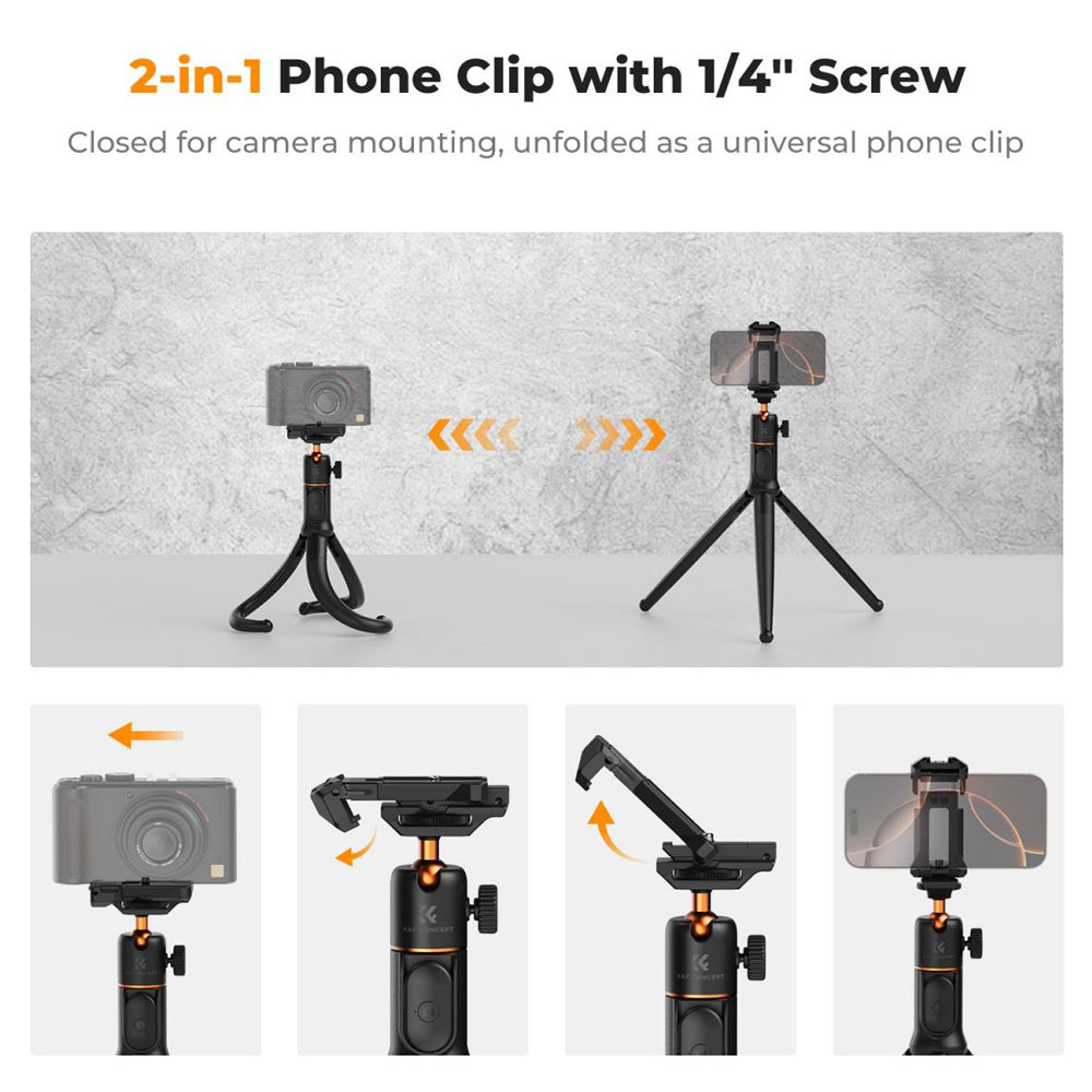 K&F Concept MS29 Extendable Flexible Tripod + Remote with 10m Wireless Range, Max 23.6" Height, 2kg Max Load Capacity, 360° Pan / 90° Tilt Ball Head with 2 in 1 Phone Clip for Smartphones, Action Cameras and Mirrorless Camera