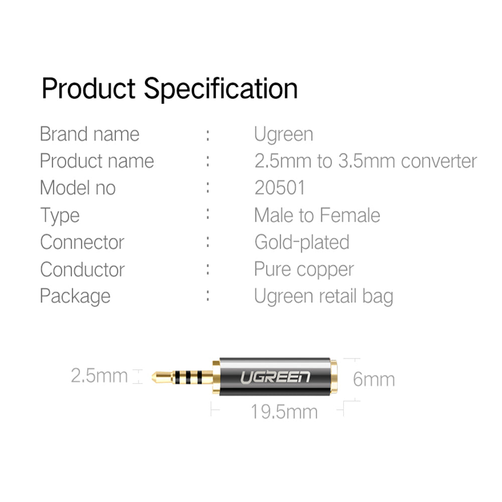 UGREEN 3.5mm Female to 2.5mm Male Hi-Fi Audio Adapter with 24k Gold Plated Plug for Headphones, Earphones and Speakers | 20501