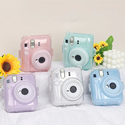 [CLEARANCE] Pikxi 3-in-1 Transparent Glitter Instant Camera Case for FUJIFILM Instax Mini 12 Film Cameras with Cartoon Patch Sticker Set and Body Strap