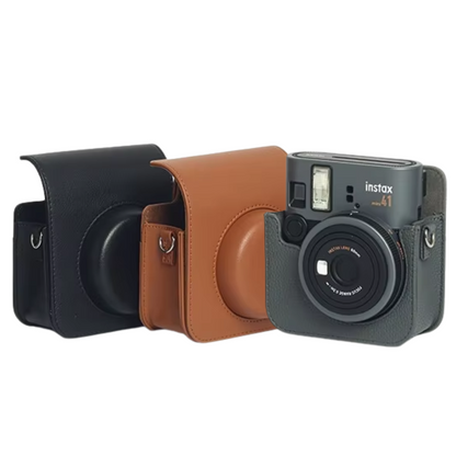Pikxi FUJIFILM Instax Mini 41 Camera Leather Bag Protective Case with Formfitting Design for Controls, Sp Button Locks and Rear Storage Film Pocket | Black Brown Grey