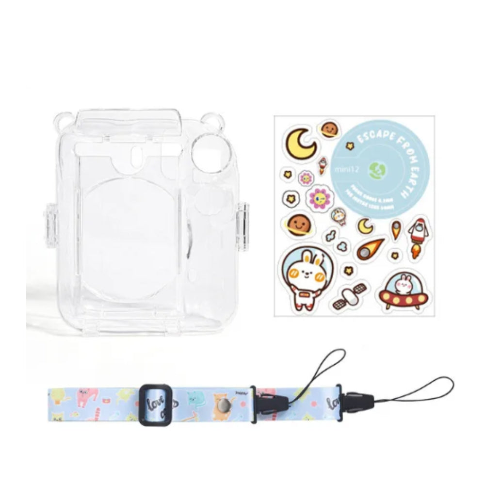 Pikxi 3-in-1 Clear Instant Camera Case for FUJIFILM Instax Mini 12 Film Cameras with Cartoon Patch Sticker Set and Body Strap - Available in Blossom Pink, Pastel Blue, Clay White, Lilac Purple, and Mint Green Color